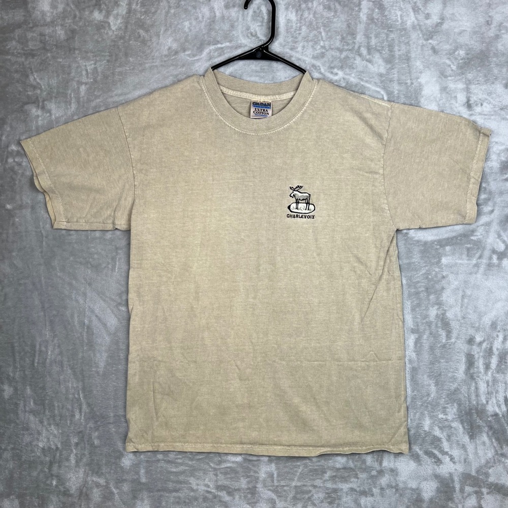Vintage‎ Heavyweight T Shirt Men's Large Beige Charlevoix Moose Graphic Tee